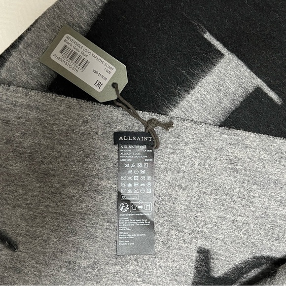 NWT ALLSAINT Dual 100% Wool Scarf in Grey/Black - Picture 5 of 9